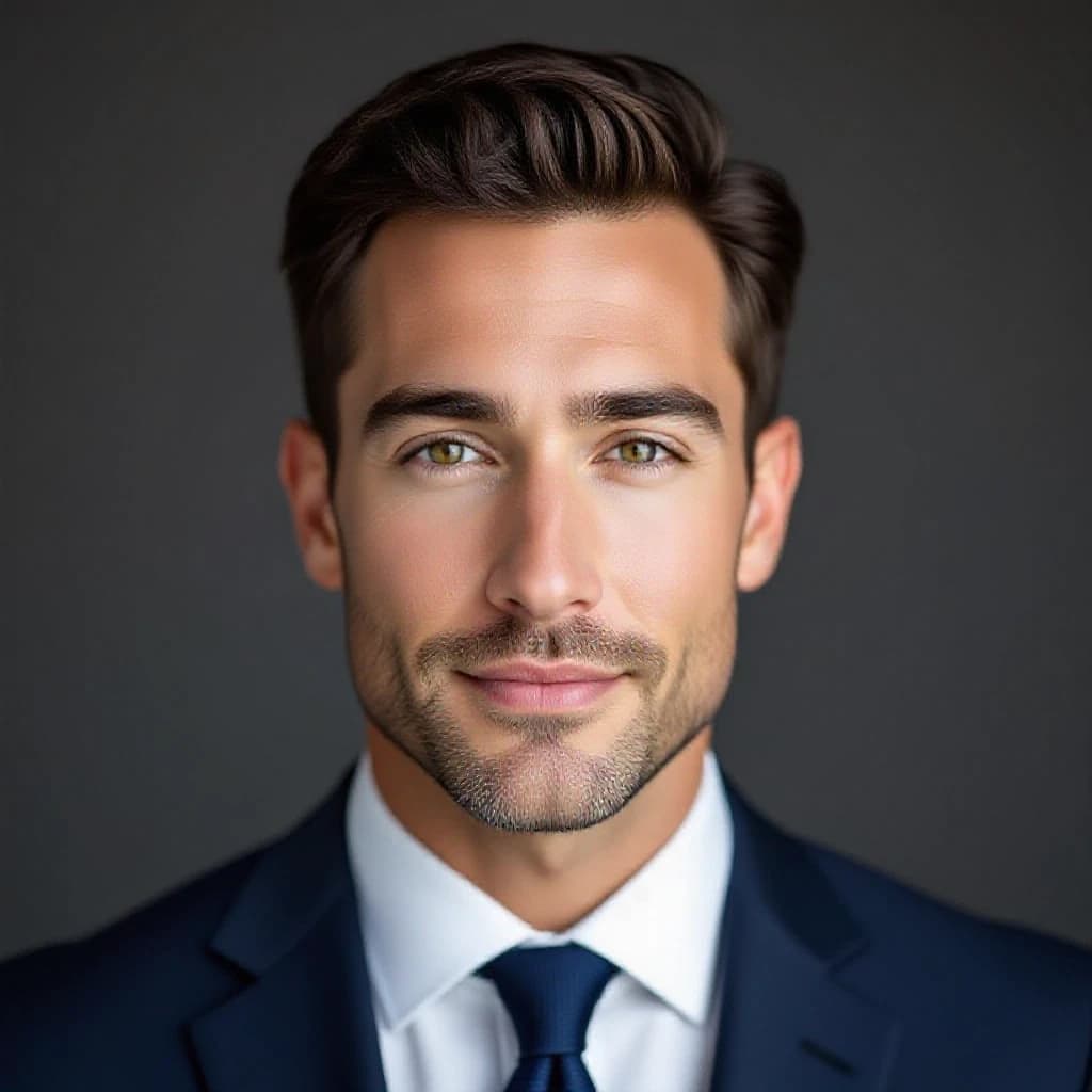 Professional studio headshot of a man in a navy suit