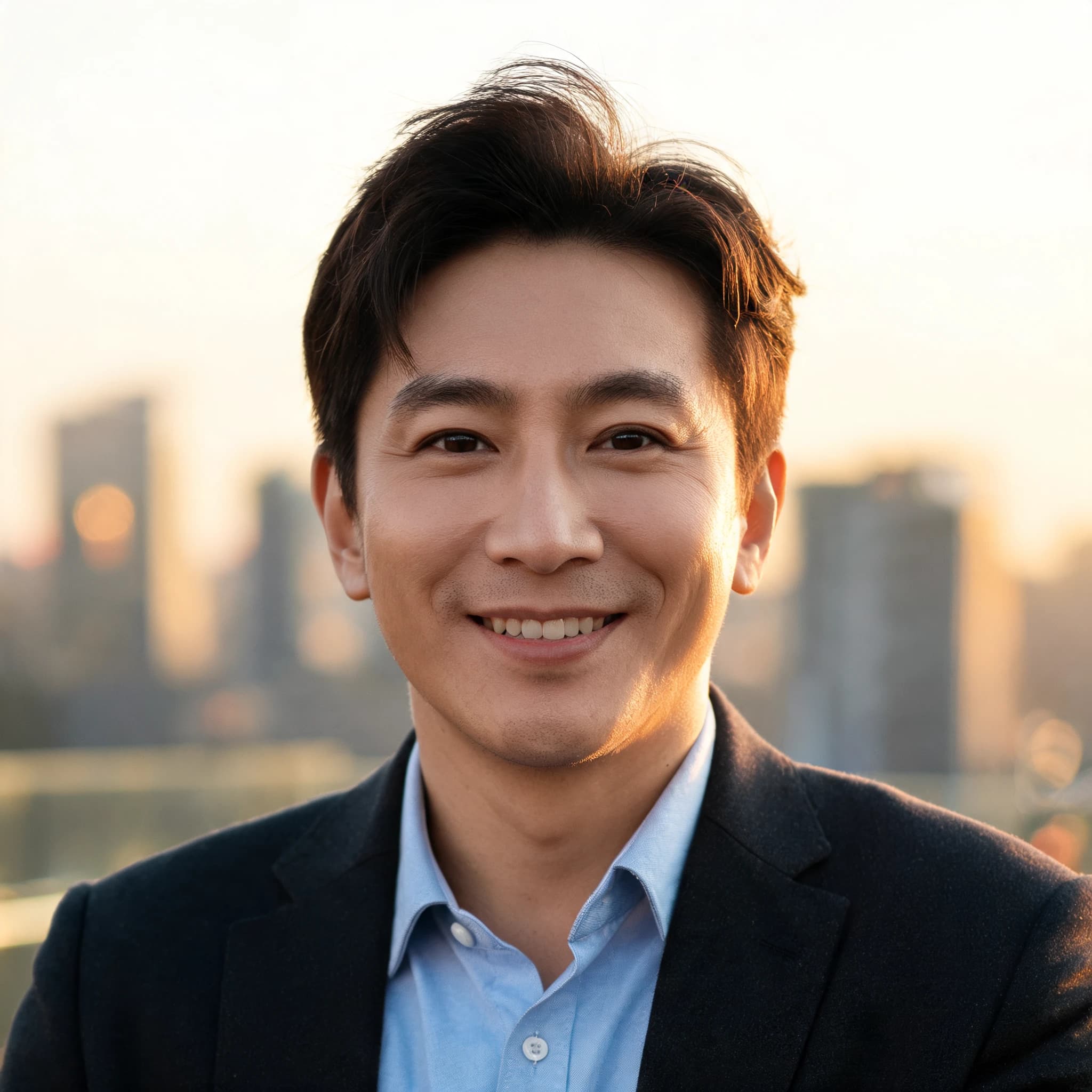 Outdoor professional headshot with warm city sunset light
